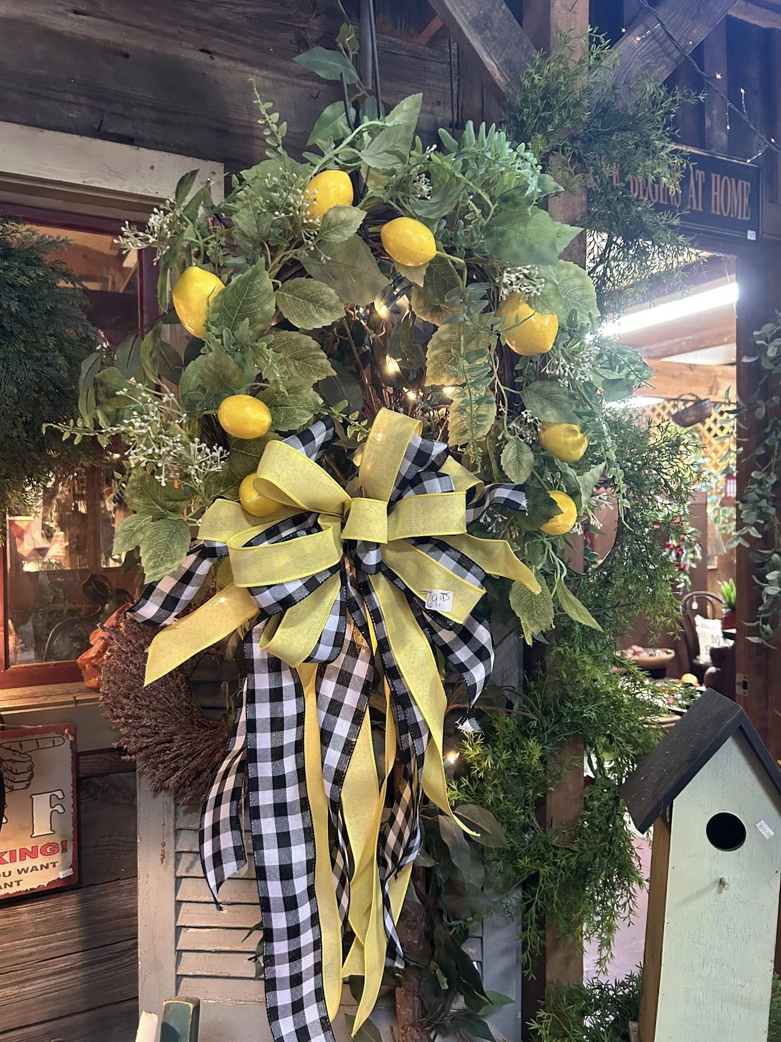 Lemon grapevine wreath with yellow and black gingham bow