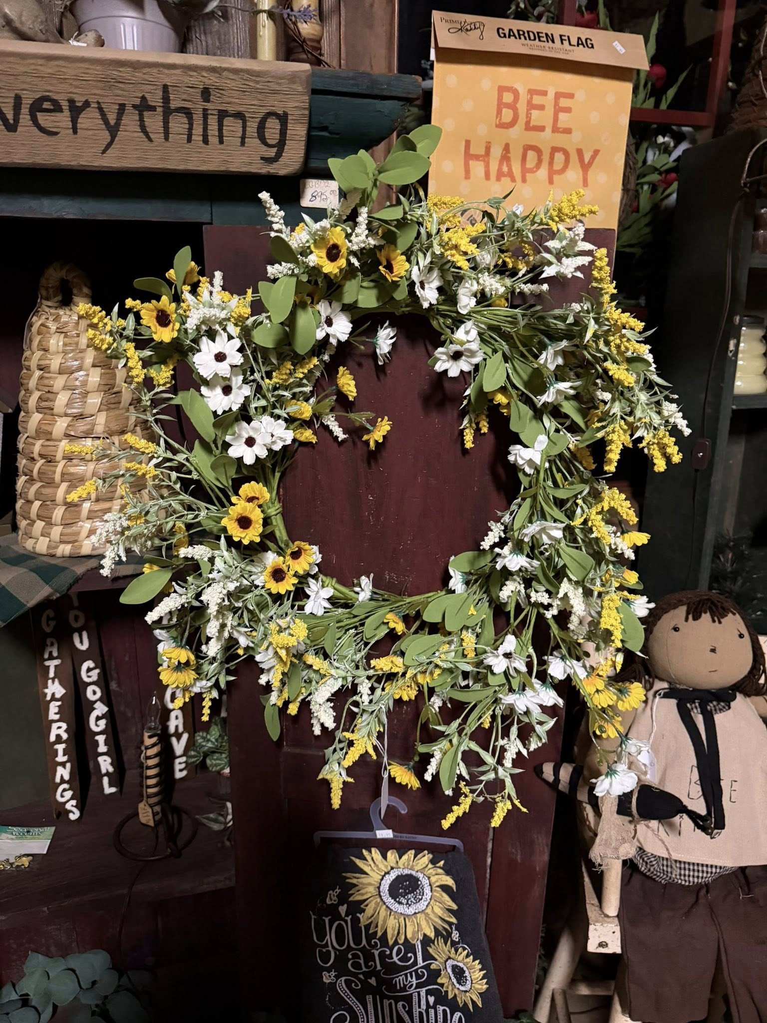 Full sunflower and daisy circular wreath in yellow and white