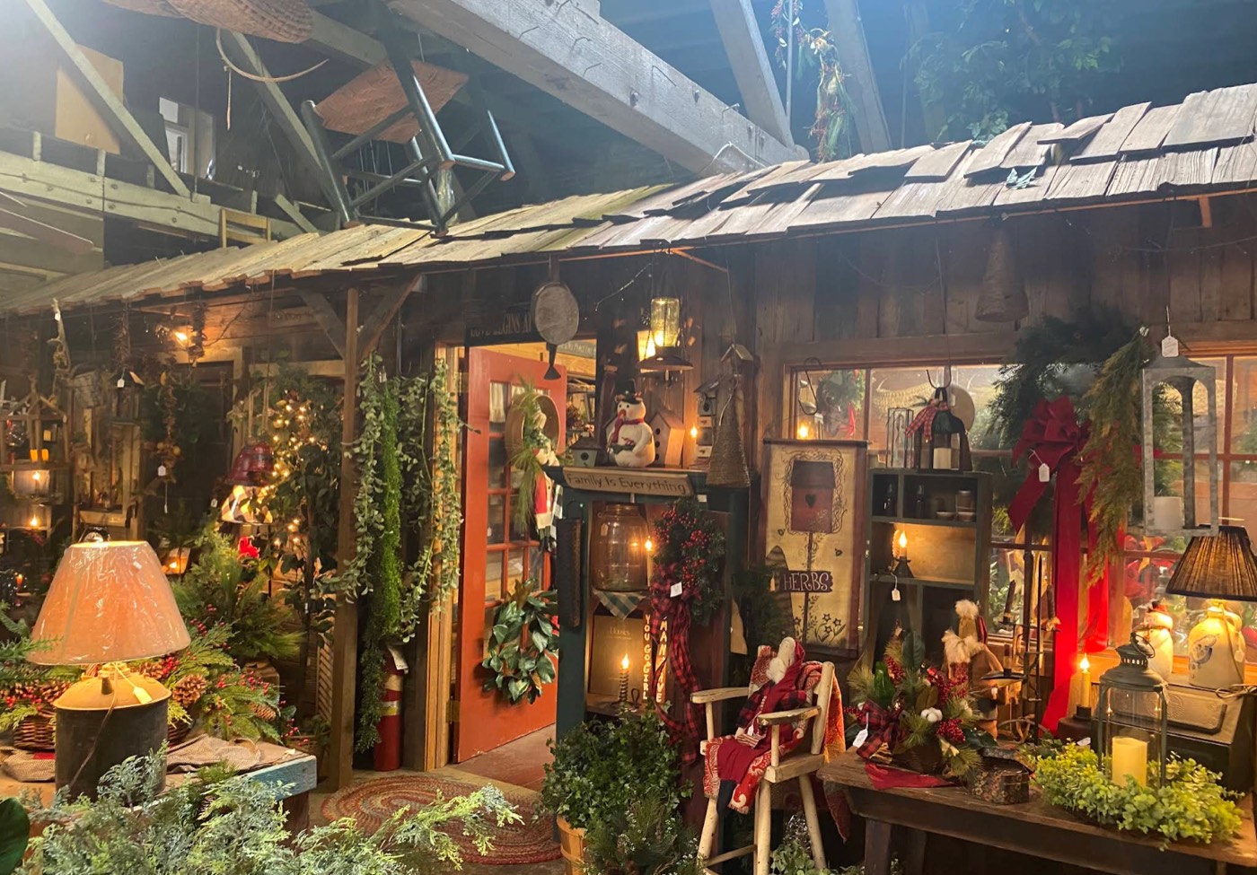 Warm rustic interior of Grandfather's Country Creations decorated for the holidays